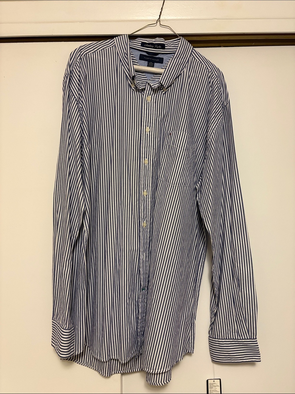 Tommy Hilfiger Men’s Navy and White Vertical Stripe Button-Down Shirt